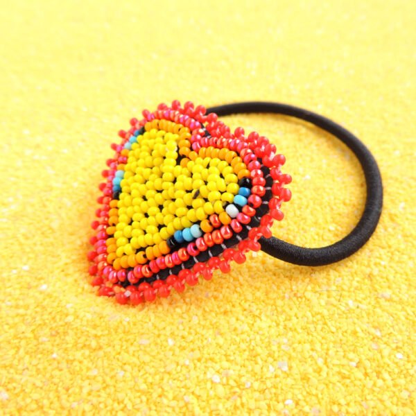 Huichol Beaded Heart Elastic Hair Tie Yellow & Red