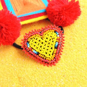 Huichol Beaded Heart Elastic Hair Tie Yellow & Red