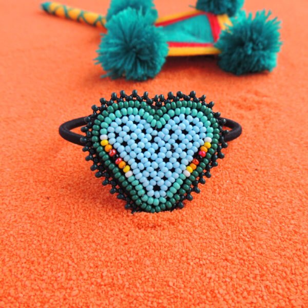 Huichol Beaded Heart Elastic Hair Tie Light Blue and Green