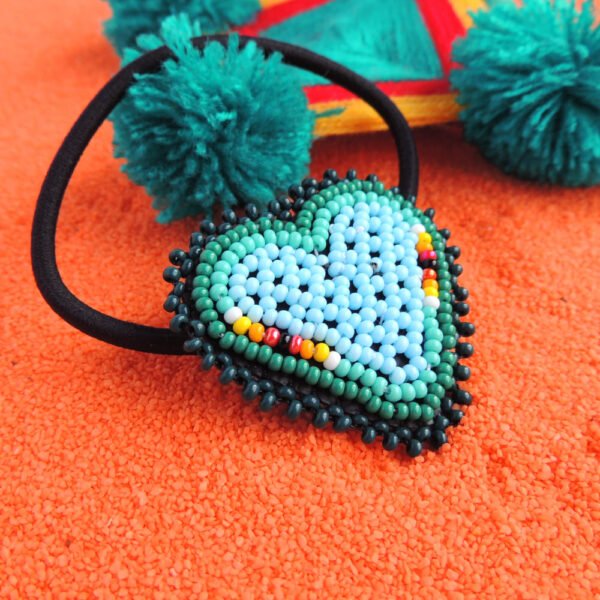 Huichol Beaded Heart Elastic Hair Tie Light Blue and Green