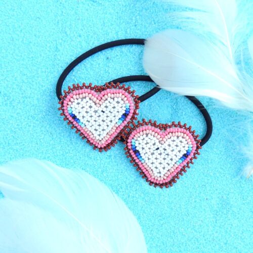 Huichol Pair of Beaded Heart Elastic Hair Ties White and Pink