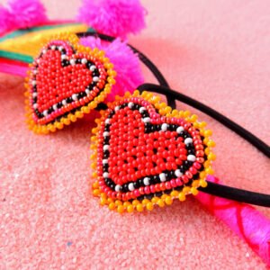 Huichol Pair of Beaded Heart Elastic Hair Ties Red & Orange