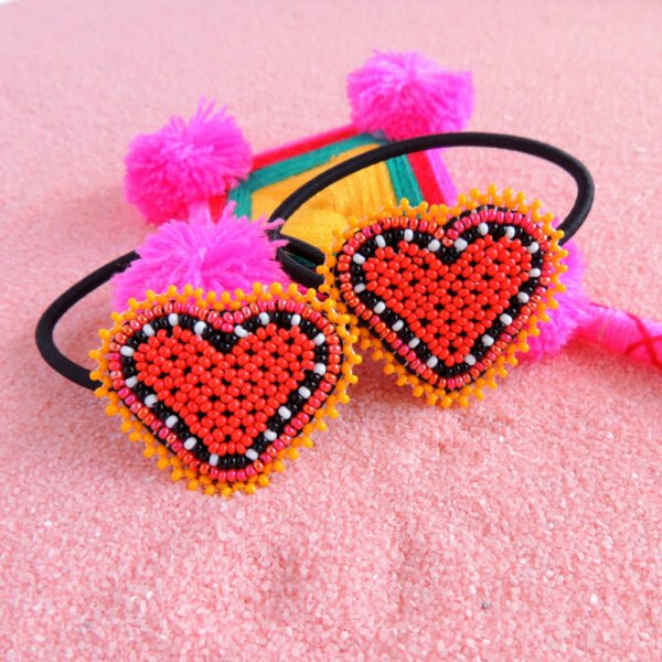 Huichol Pair of Beaded Heart Elastic Hair Ties Red & Orange