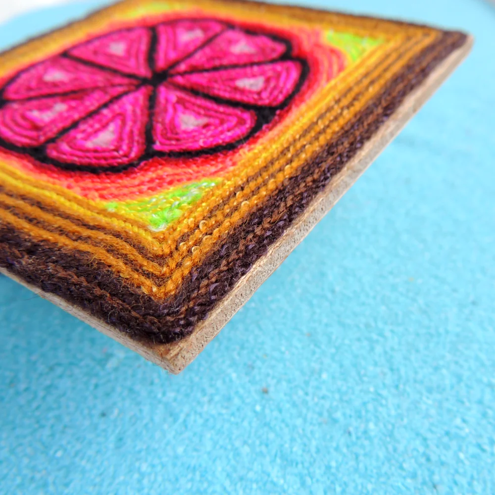 Huichol Art Yarn Painting Pink Peyote 6"