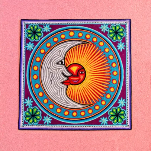 Handmade Huichol yarn painting (nierika) depicting a sun and moon eclipse surrounded by peyote symbols, crafted with colorful yarn on a wooden base, Front