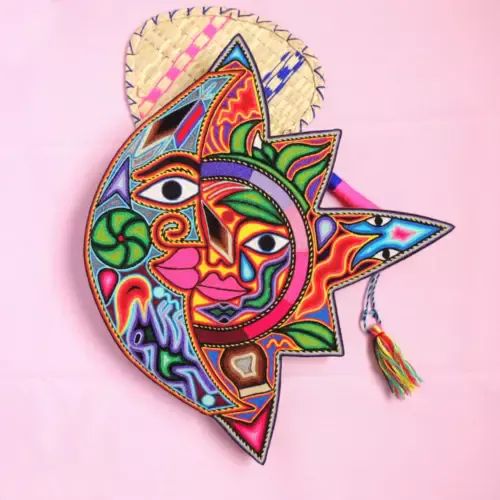 Huichol Art Yarn Painting Eclipse Sun and Moon - Front