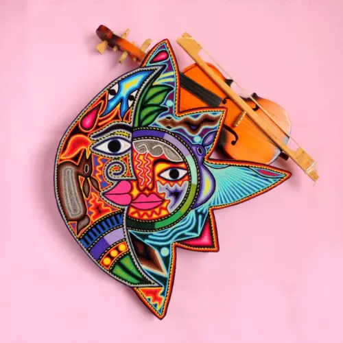 Huichol Art Yarn Painting Eclipse Sun and Moon - Front