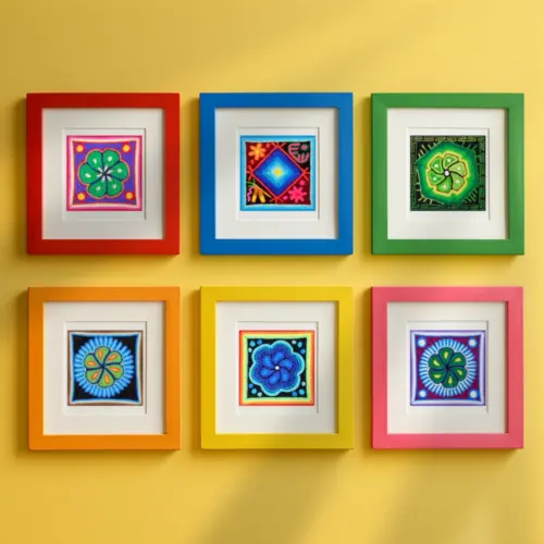 Six colorful 4×4 inch Huichol-inspired mini art prints in bright frames displayed on a yellow wall.