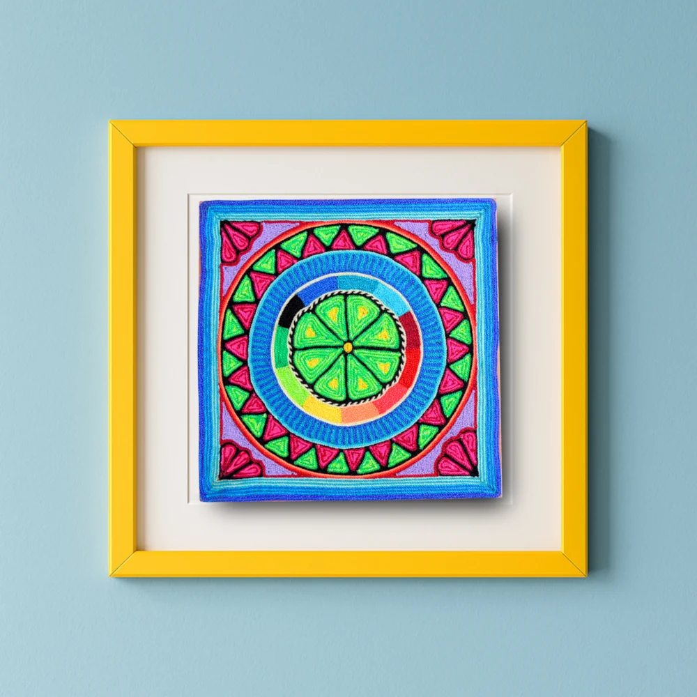 8" Huichol Art Yarn Painting Peyote Framed Image