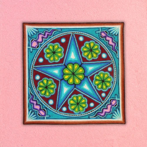 Huichol yarn painting with peyote and star, square blue design