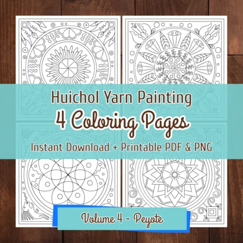 Peyote mandala coloring pages set with four Huichol inspired folk art printable designs.