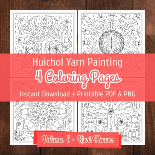Kieri flower coloring pages set with four Huichol inspired folk art printable designs.