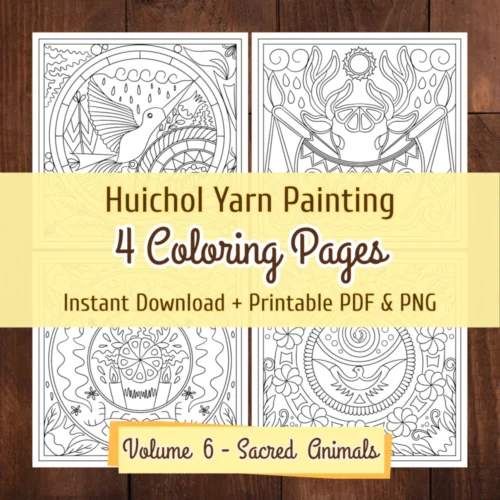 Sacred animals coloring pages set with four Huichol inspired folk art printable designs.