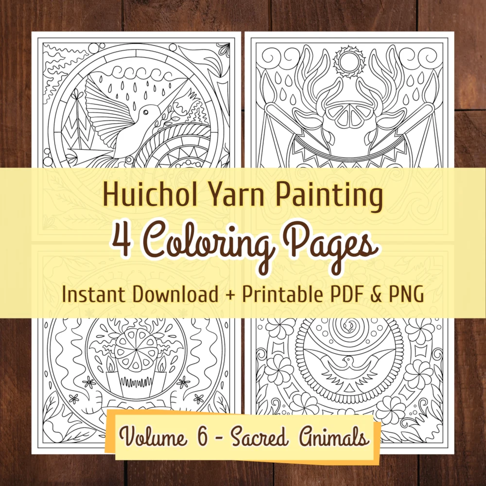 Sacred animals coloring pages set with four Huichol inspired folk art printable designs.