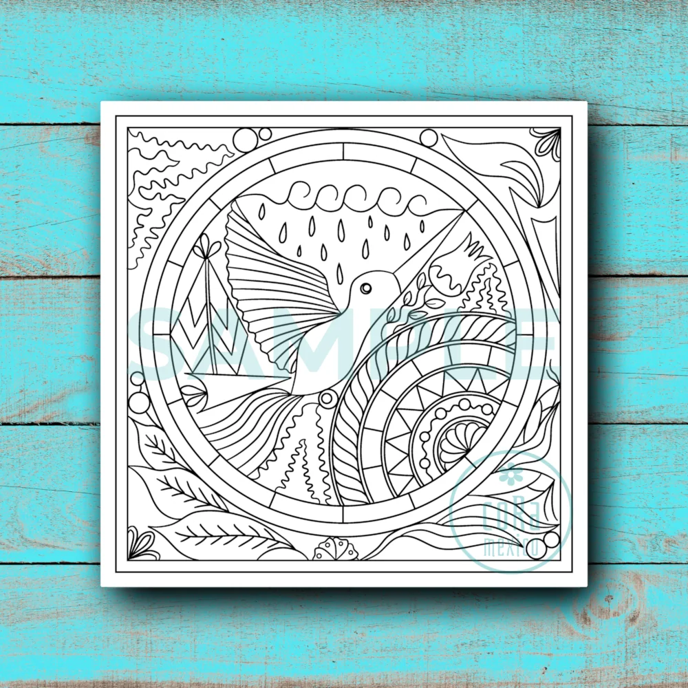 Printable hummingbird coloring sheet with circular folk art design and black and white outlines.