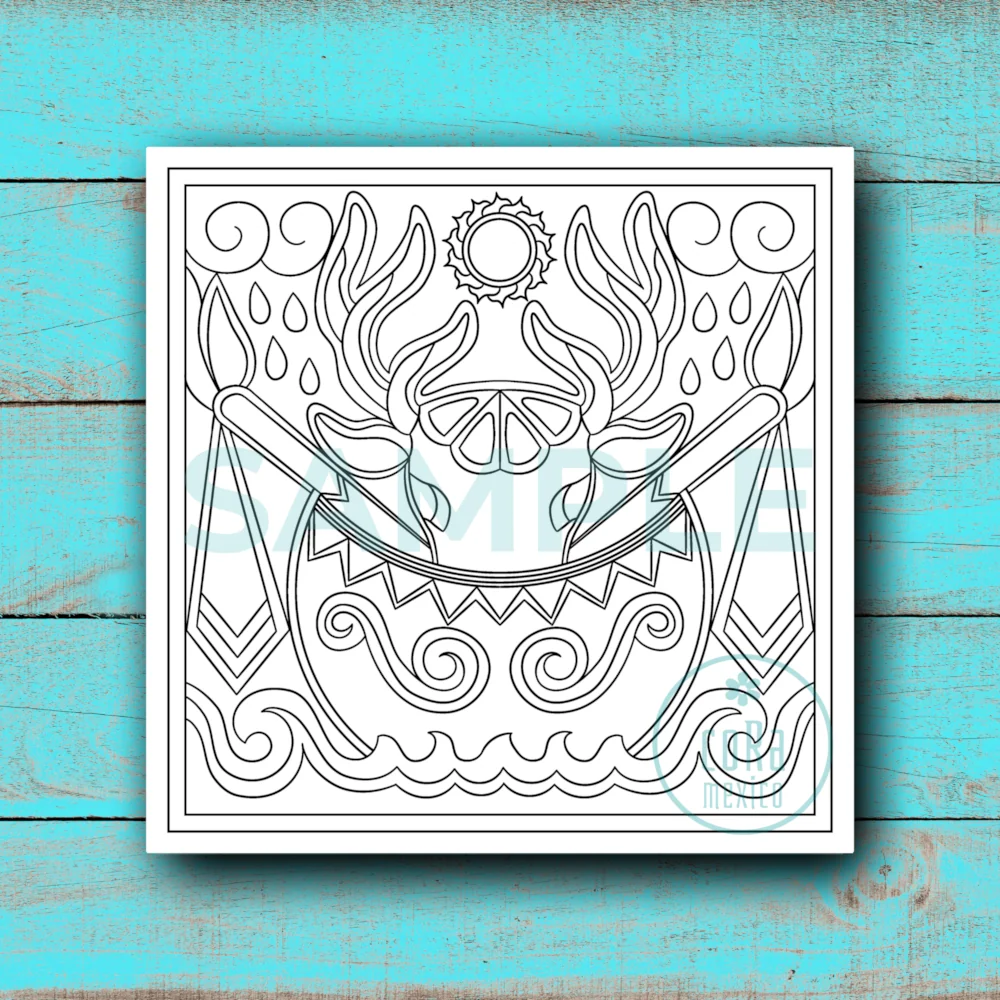 Printable deer coloring sheet with folk art inspired plants, sun, rain, and decorative patterns.