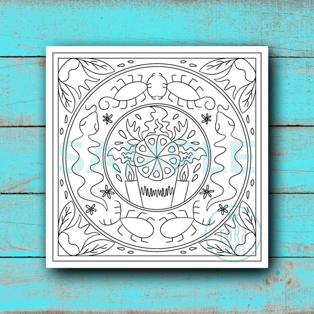 Printable serpent and scorpion coloring sheet with folk art inspired plants, kieri flower, and decorative patterns.