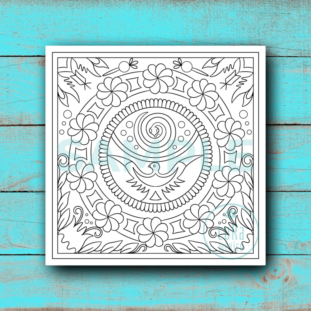 Printable eagle and serpent coloring sheet with circular folk art design and black and white outlines.