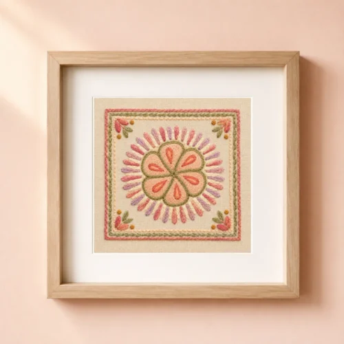 Faux embroidery art print with folk peyote flower design shown in a wooden frame for home decor.