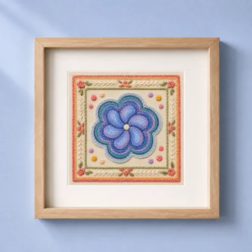 Blue flower faux embroidery art print shown in a wooden frame with soft home decor styling.