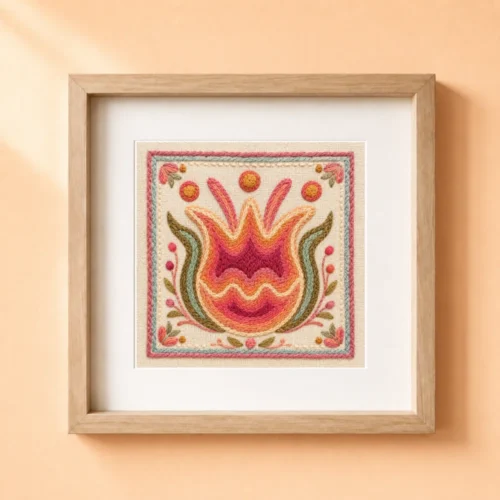 Kieri flower faux embroidery art print shown in a wooden frame with warm floral decor.