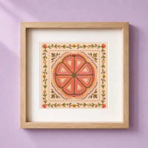 Huichol inspired orange peyote faux embroidery art print displayed in a natural wood frame.