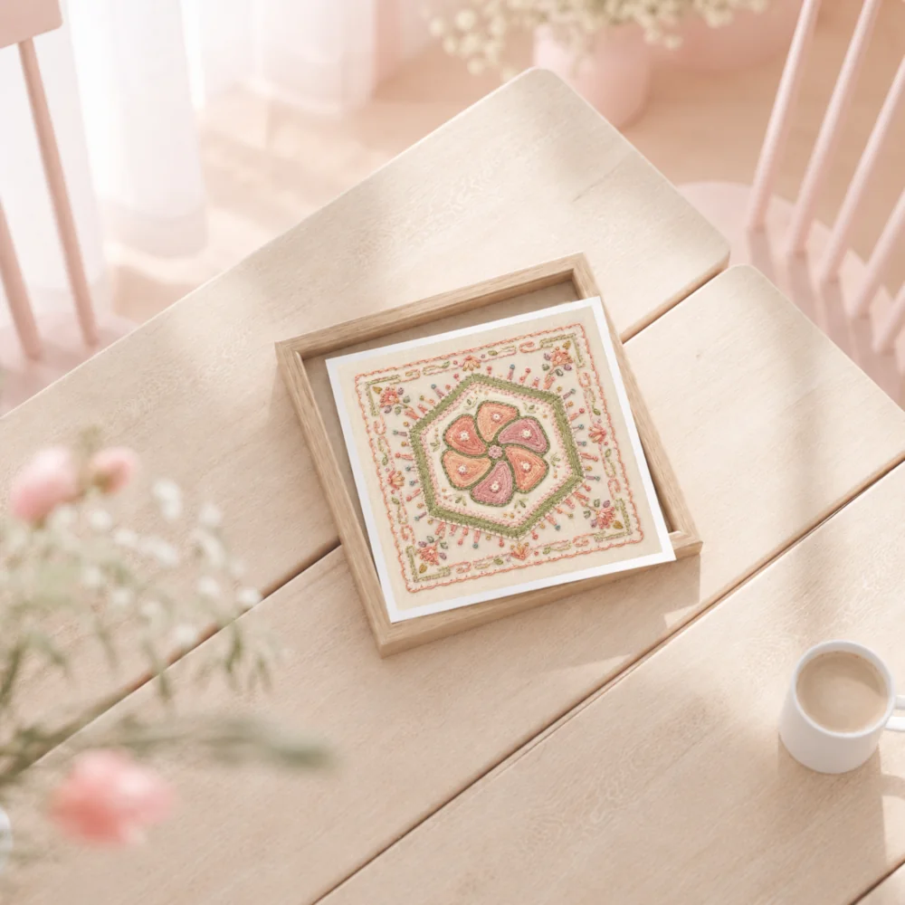 Small peyote faux embroidery art print shown in a natural tabletop frame.