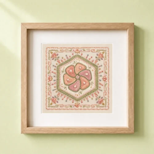 Huichol inspired peyote faux embroidery art print in a natural wood frame.