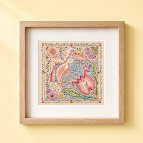 Huichol inspired hummingbird faux embroidery art print in a natural wood frame.