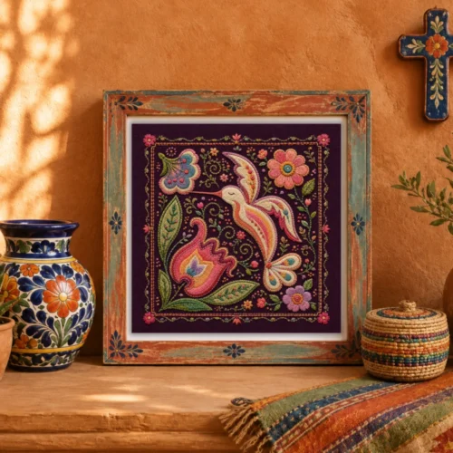 Colorful hummingbird embroidery style art print with floral motifs on a deep plum background, displayed in a rustic Mexican folk art inspired frame.