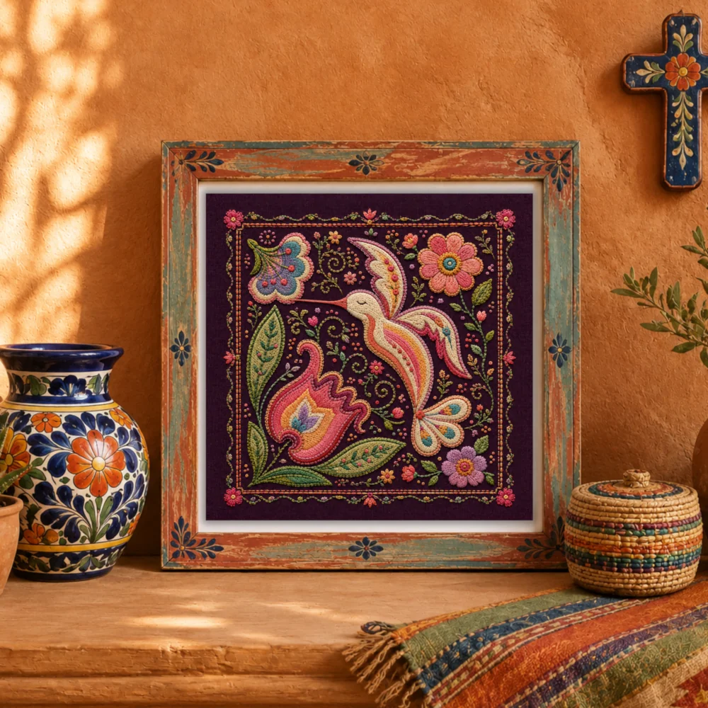 Colorful hummingbird embroidery style art print with floral motifs on a deep plum background, displayed in a rustic Mexican folk art inspired frame.