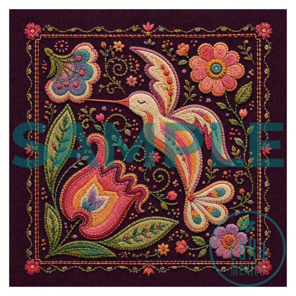 Detailed hummingbird embroidery inspired printable art with colorful flowers, leaves and ornamental folk motifs stitched against a rich dark plum background.