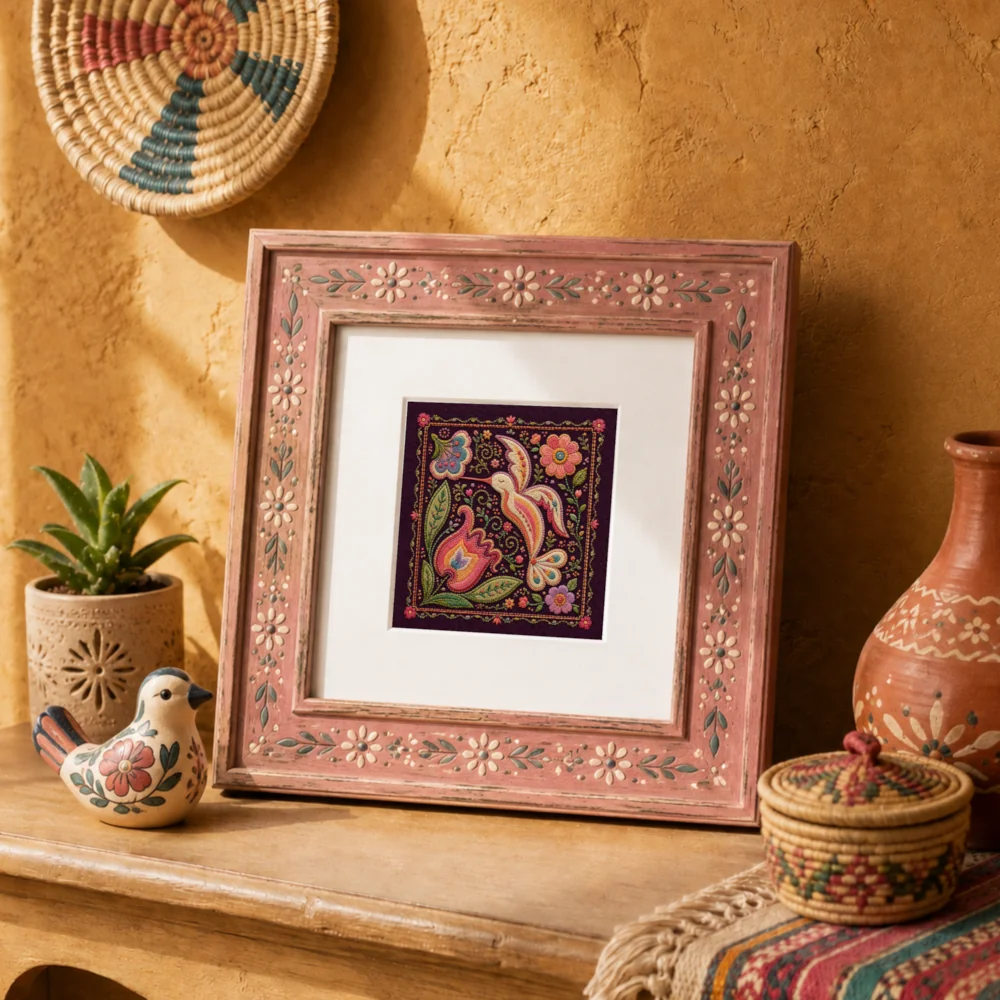 Small square hummingbird embroidery print in a bright yellow frame, styled with colorful Mexican folk decor, flowers, cactus and hand painted pottery.