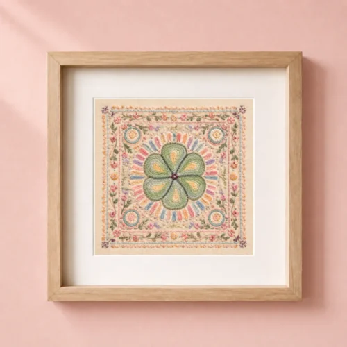Framed faux embroidery peyote art print with soft pastel folk art details on a pink wall