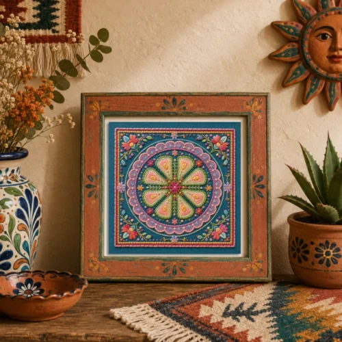 Colorful embroidered folk art print featuring a floral peyote-inspired medallion on deep teal fabric, displayed in a rustic painted wood frame with Mexican-style pottery, flowers, woven textiles, and warm Southwestern home decor.